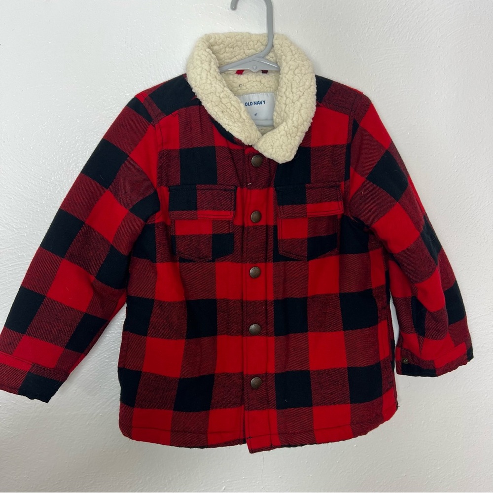Old Navy Red and Black Plaid Jacket with Sherpa Collar 4t